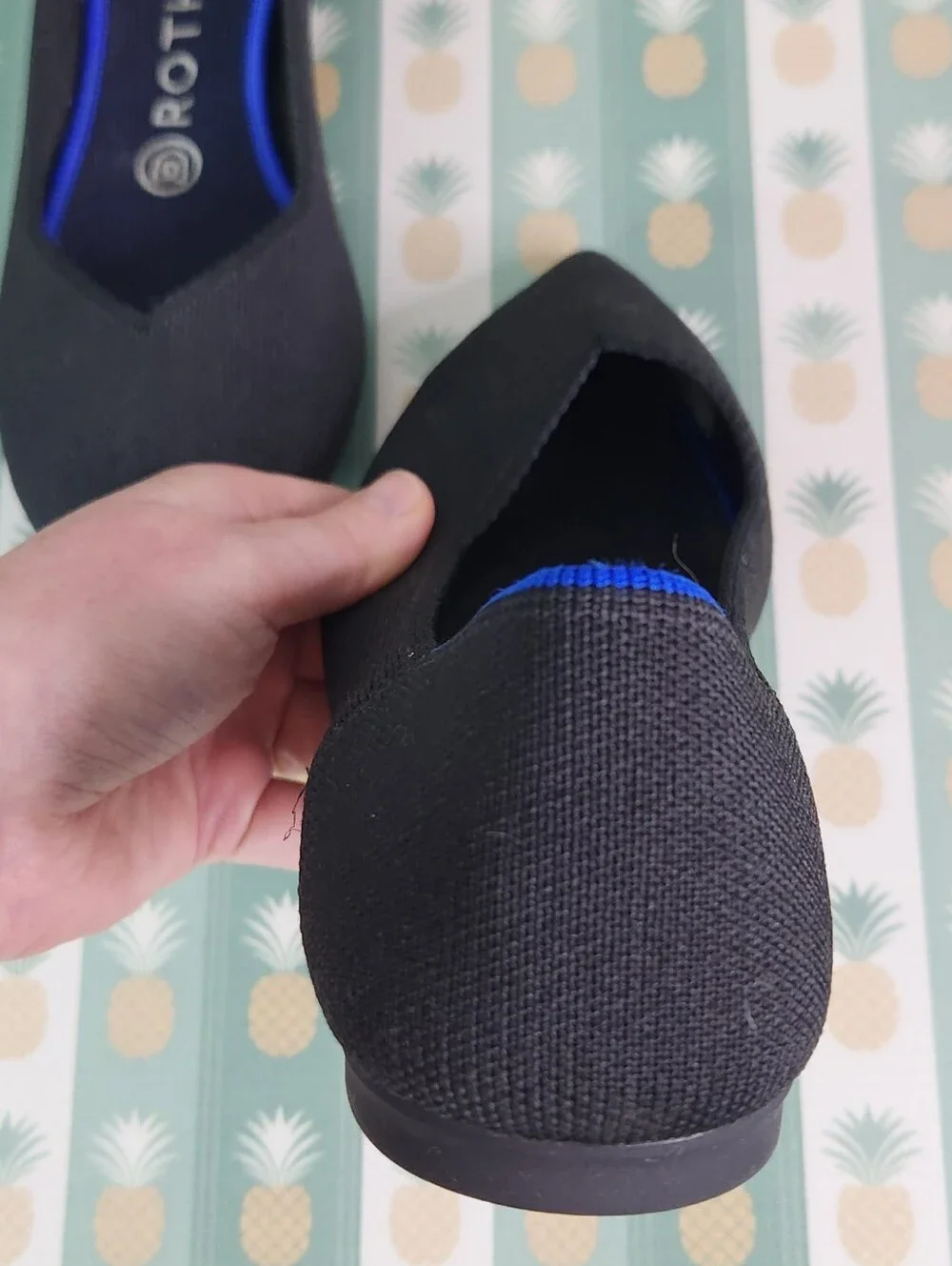 Rothy's Black Pointed Toe Knit Flats with Blue Trim